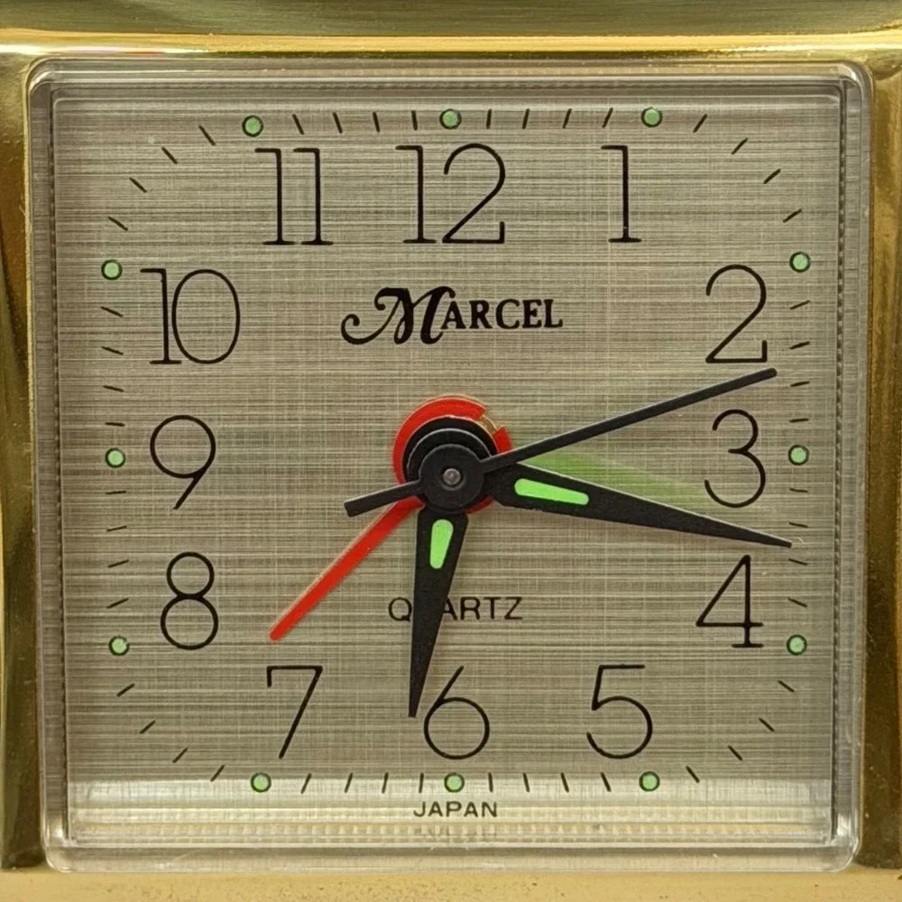 Vintage Marcel Folding Travel Alarm Clock Quartz Japan Black Gold Case Retro